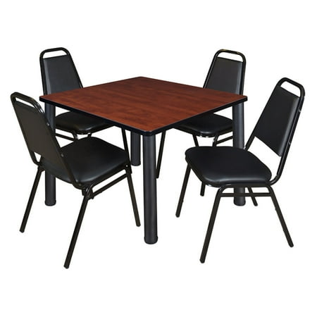 UPC: 0843532082140 | Kee 48 Square Breakroom Table- Cherry/ Chrome & 4 Restaurant Stack Chairs- Black