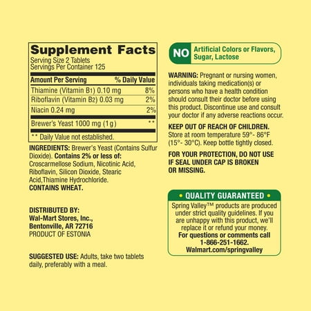 Spring Valley Natural Brewers Yeast Tablets, 1000 mg, 250 Count