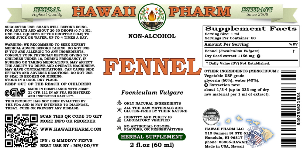 Fennel (Foeniculum Vulgare) Dry Seed ALCOHOL-FREE Liquid Extract. Expertly Extracted by Trusted HawaiiPharm Brand. Absolutely Natural. Proudly made in USA. Glycerite 2 Fl.Oz