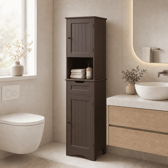Aiho 67 " Bathroom Storage Cabinet with Adjustable Shelves, Kitchen Pantry with Drawer and Doors for Bathroom, Freestanding - White