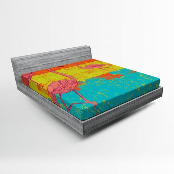 Ambesonne Flamingo Fitted Sheet, Retro Vintage Flamingo, Full Size, Multicolor