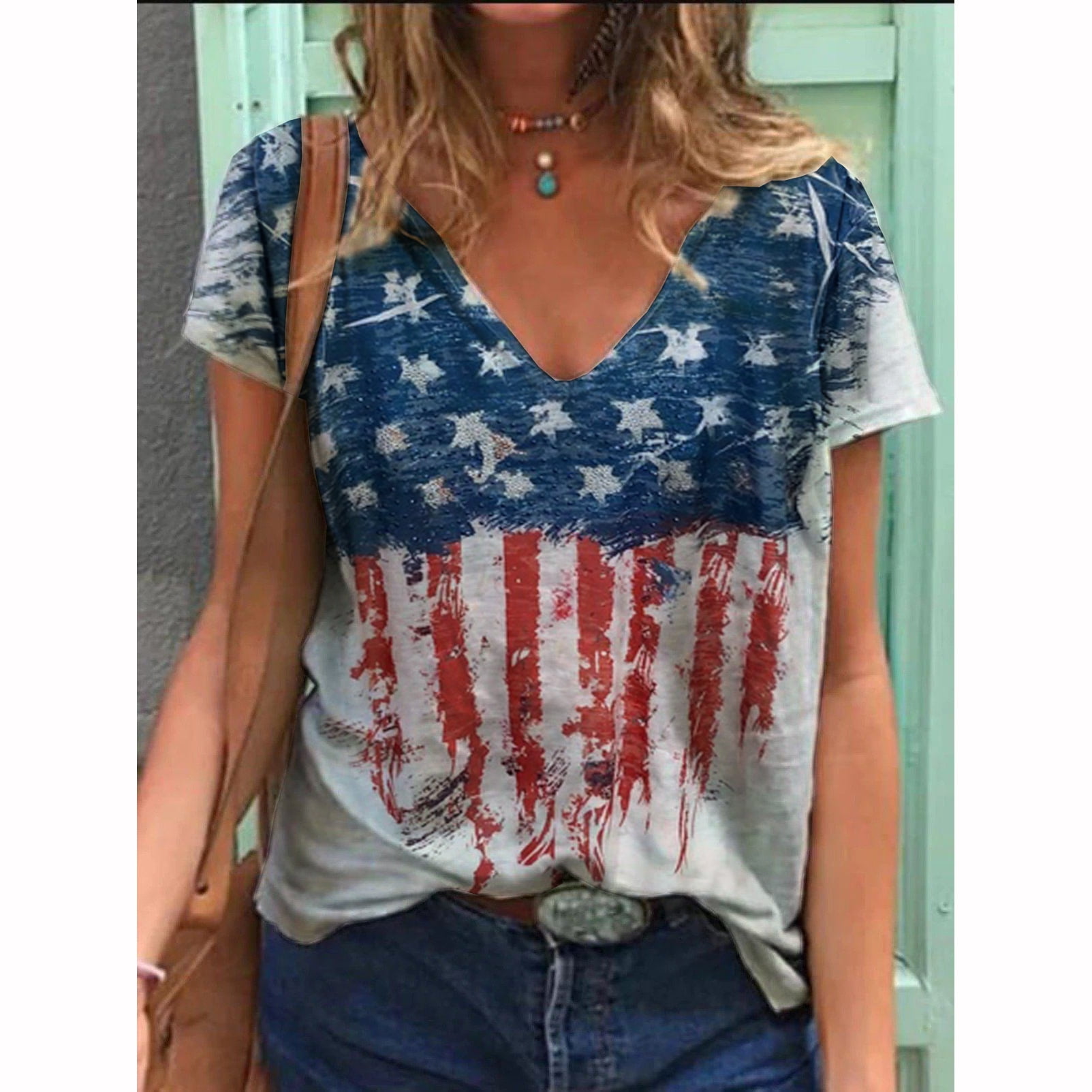 Independence Day Working Uniform T Shirt for Womens American Flag Printed Tops Casual Short Sleeve V-Neck 4th of July Blouse 