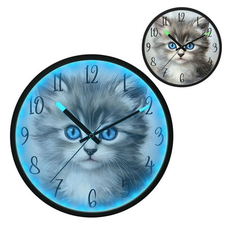 Voice Controlled Luminous Clock LED Night Light 12 Inch Silent Wall Clock Suitable for Bedroom and Living Room Home Decoration Grayish-black Cat