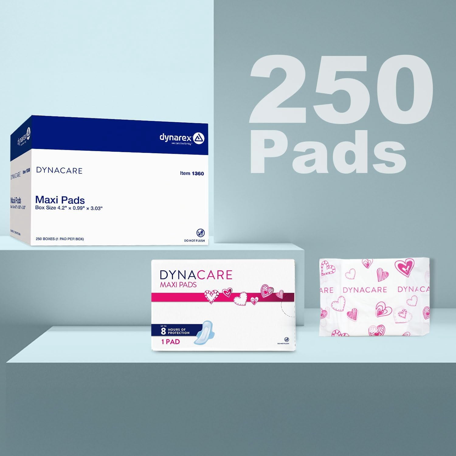 Dynarex Super Maxi Pads without Wings, Sanitary Feminine Pads, Unscented, High Absorbency, 250 Count