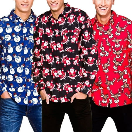 Adult Christmas Clothes Men Adult Christmas Shirt T-shirts Santa Snowman Reindeer Novelty Xmas Men Top Long Sleeve Blouse Clothes ()