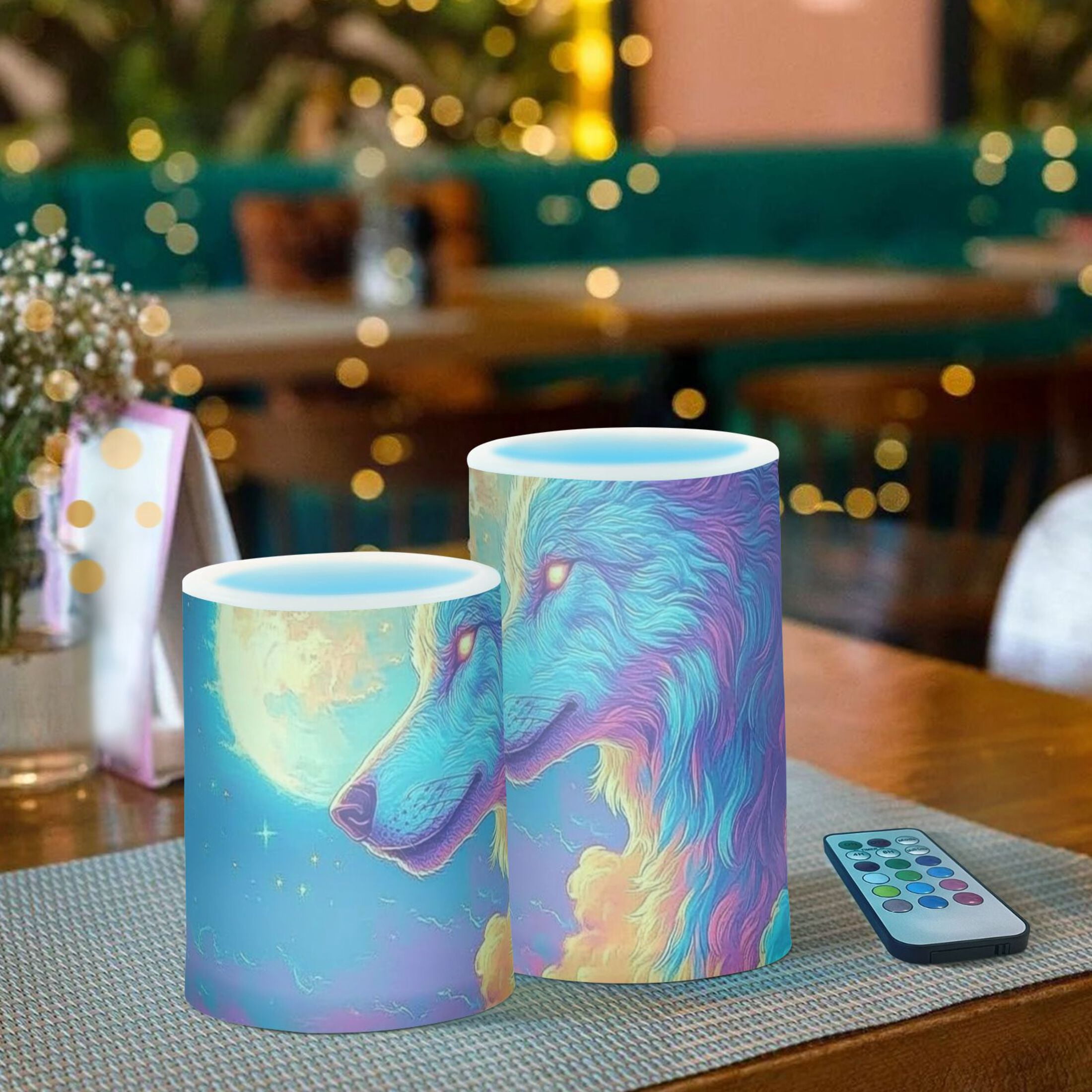 . Colorful Wolf in Clouds Flickering Flameless Candles Battery Operated with Remote Timer LED Pillar Candles Set of 2