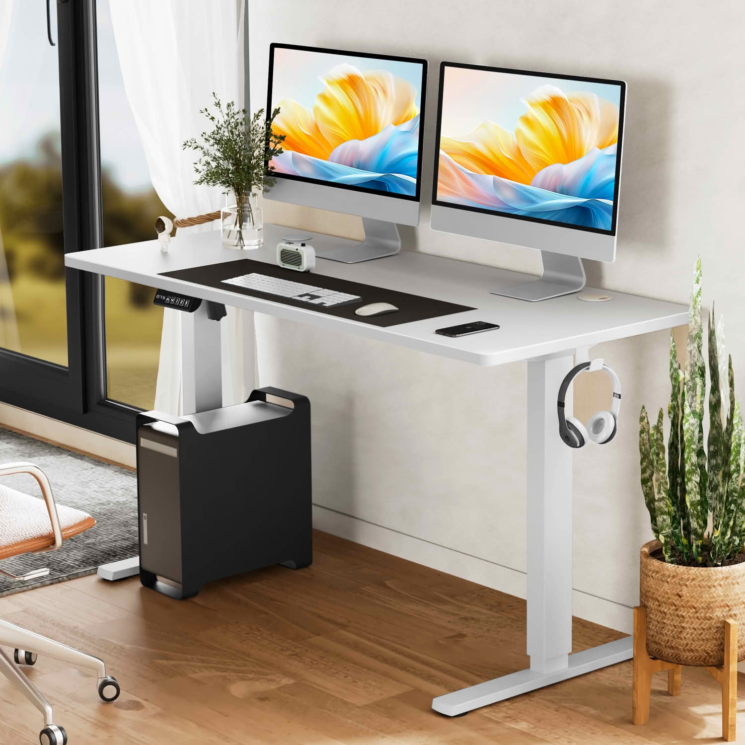 MAYEERTY 63x24 Electric Height Adjustable Standing Desk, Splice Board 2 Hooks Wire Hole, Home Office Computer Table, White