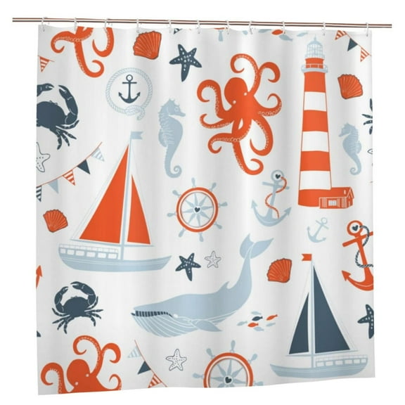 JOOCAR Nautical Shower Curtain, Pastel Colored Composition of Lighthouse Sailboat Fish Shells Octopus, Cloth Fabric Bathroom Decor
