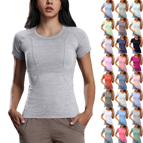 Wiyuqeen Women's Workout Tops Short Sleeve Crewneck Solid Shirts Yoga Sports Breathable Gym Athletic Top Slim Fit Camisa De Para Mujer Khaki 12/XXL