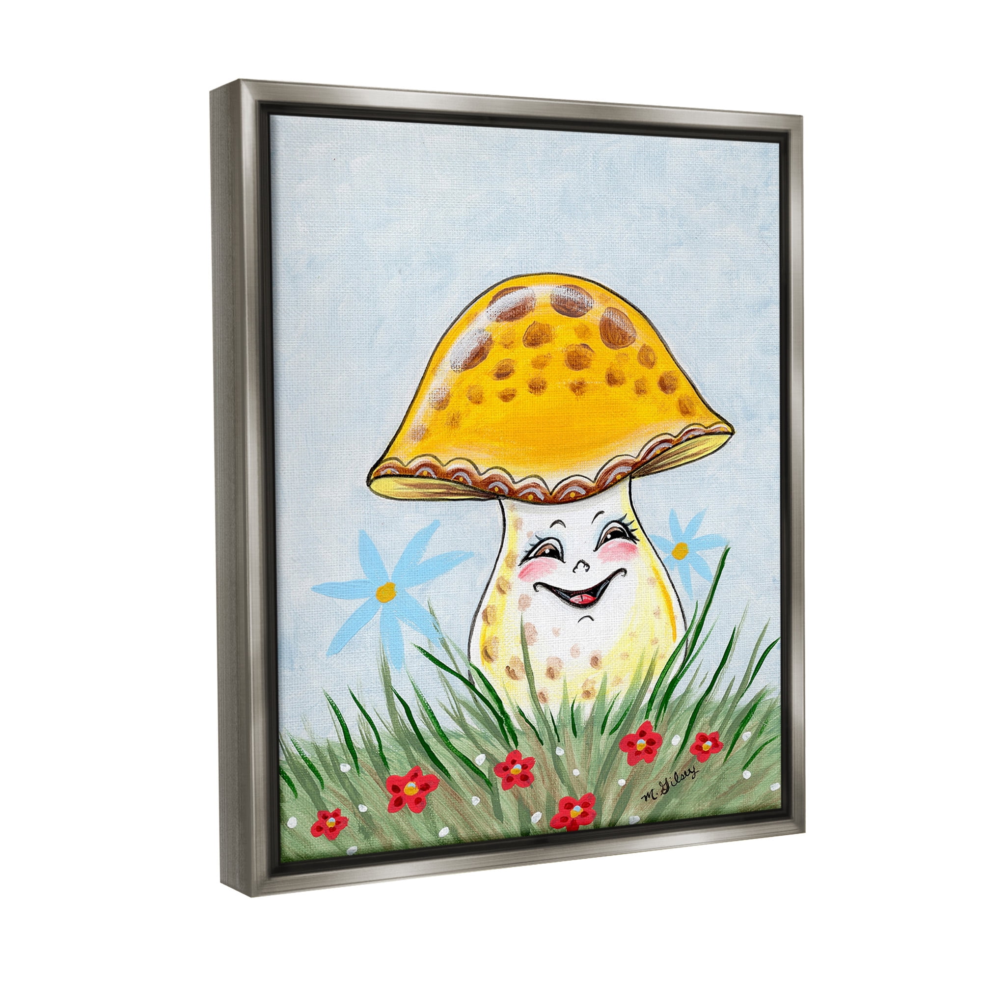 Stupell Industries Smiling Yellow Mushroom Botanical & Floral Painting Gray Floater Framed Canvas Art Print Wall Art, 17 x 21