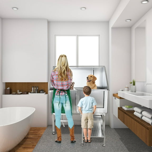 EastVita Dog Grooming Bathtub, Professional Stainless Steel Dog Bathing Tub with Stairs, Floor Grate, Faucet, Left Sliding Door Dog Washing Station for Large, Medium, Small Pets