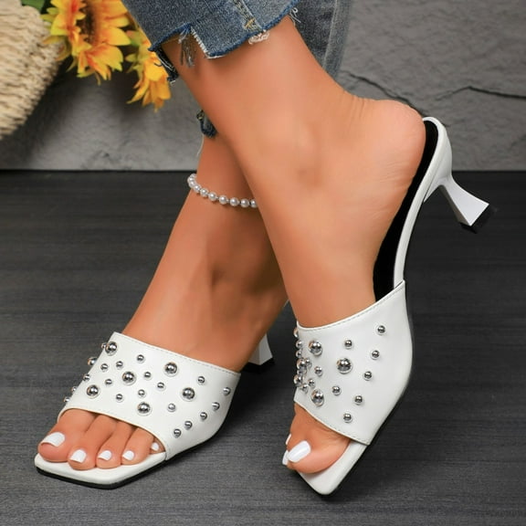 Viluyesy Women's Stilettos Sandals, Pearl Upper Square Toe Slip-On Summer Casual Elegant Heels Shoes White
