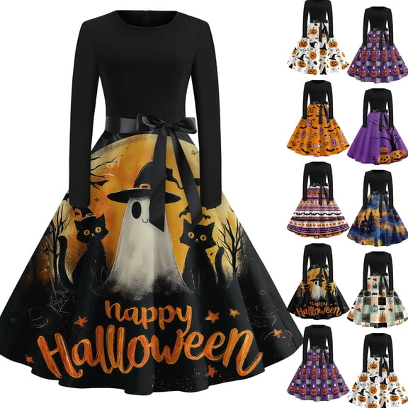 Halloween Dresses for Women Ghost Spider Long Sleeve Cocktail 1950s Cute Dresses Crew Neck Hepburn Casual Funny Tea Length Dress with Belt L