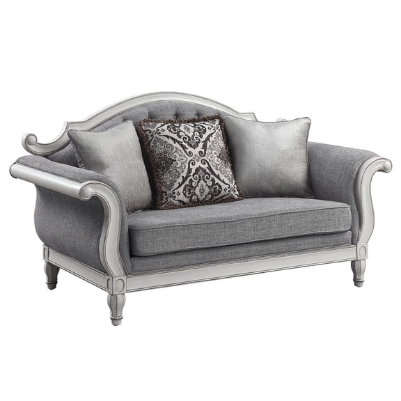Acme Florian Loveseat with 3 Pillows in Gray Fabric & Antique White Finish
