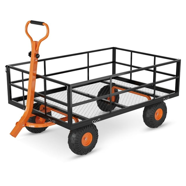 Chariot de Jardin en Acier Robuste, Chariot de Jardin sur Roues, Chariots Utilitaires de Cour en Métal pour l'Extérieur avec Poignée Ajustable et Côtés Amovibles (Se Convertit en Plate-Bande)