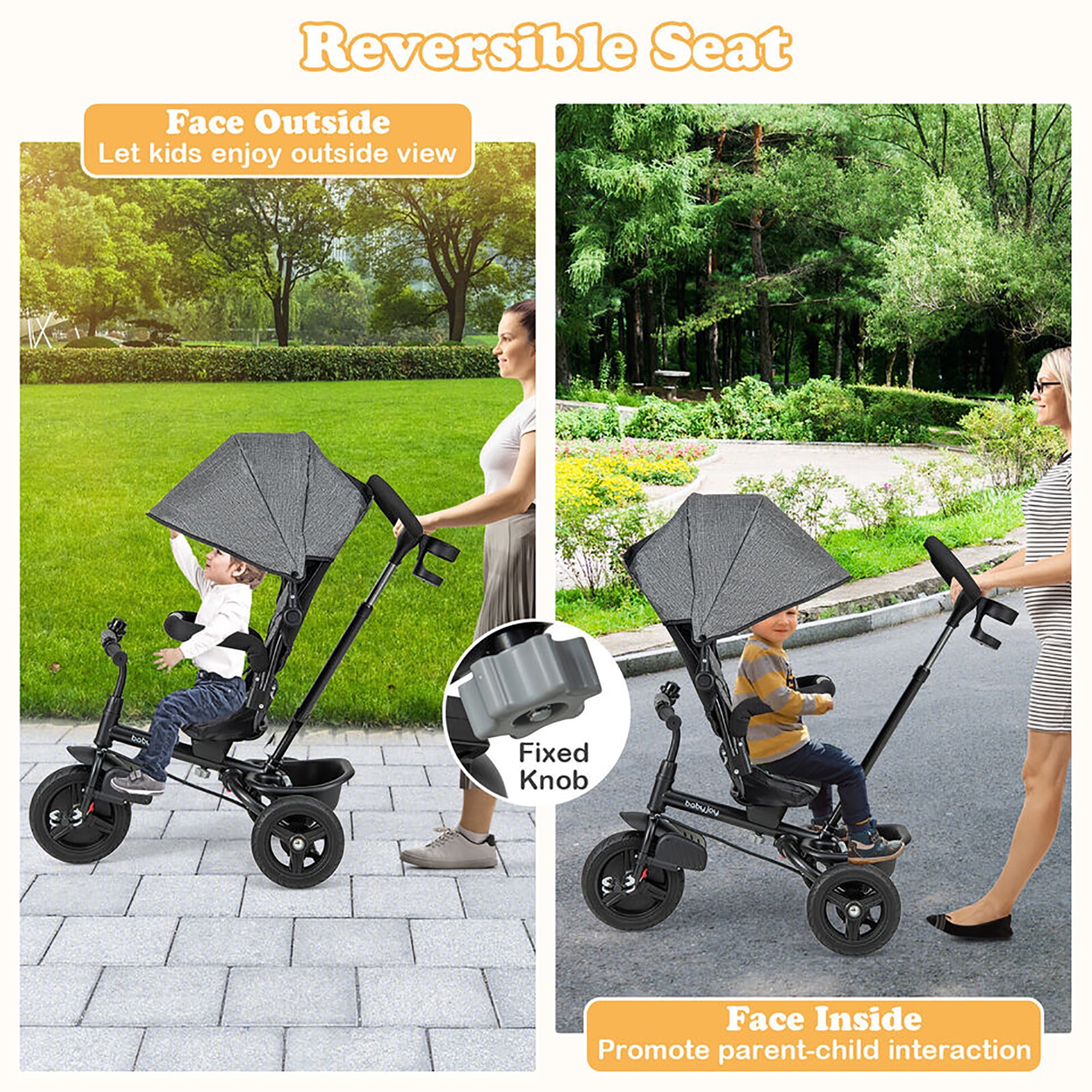 Gymax 4-in-1 Baby Tricycle Toddler Trike w/ Reversible Seat Canopy & Push Handle Gray