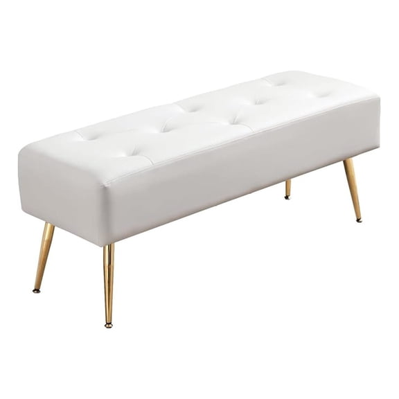 PINDEE Upholstered Tufted White Bench Ottoman with Padded Seat, Footrest Foot Stool with Sturdy Metal Leg, White Leather Bench for Bedroom Living Room Entryway