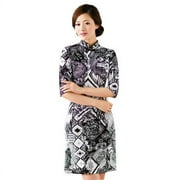 Women Special 1/2 Long Sleeve Modern Mandarin Chinese Cheongsam Qipao Sheath Short Dress (Black/white asymmetrical prints)