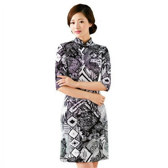 Women Special 1/2 Long Sleeve Modern Mandarin Chinese Cheongsam Qipao Sheath Short Dress (Black/white asymmetrical prints)