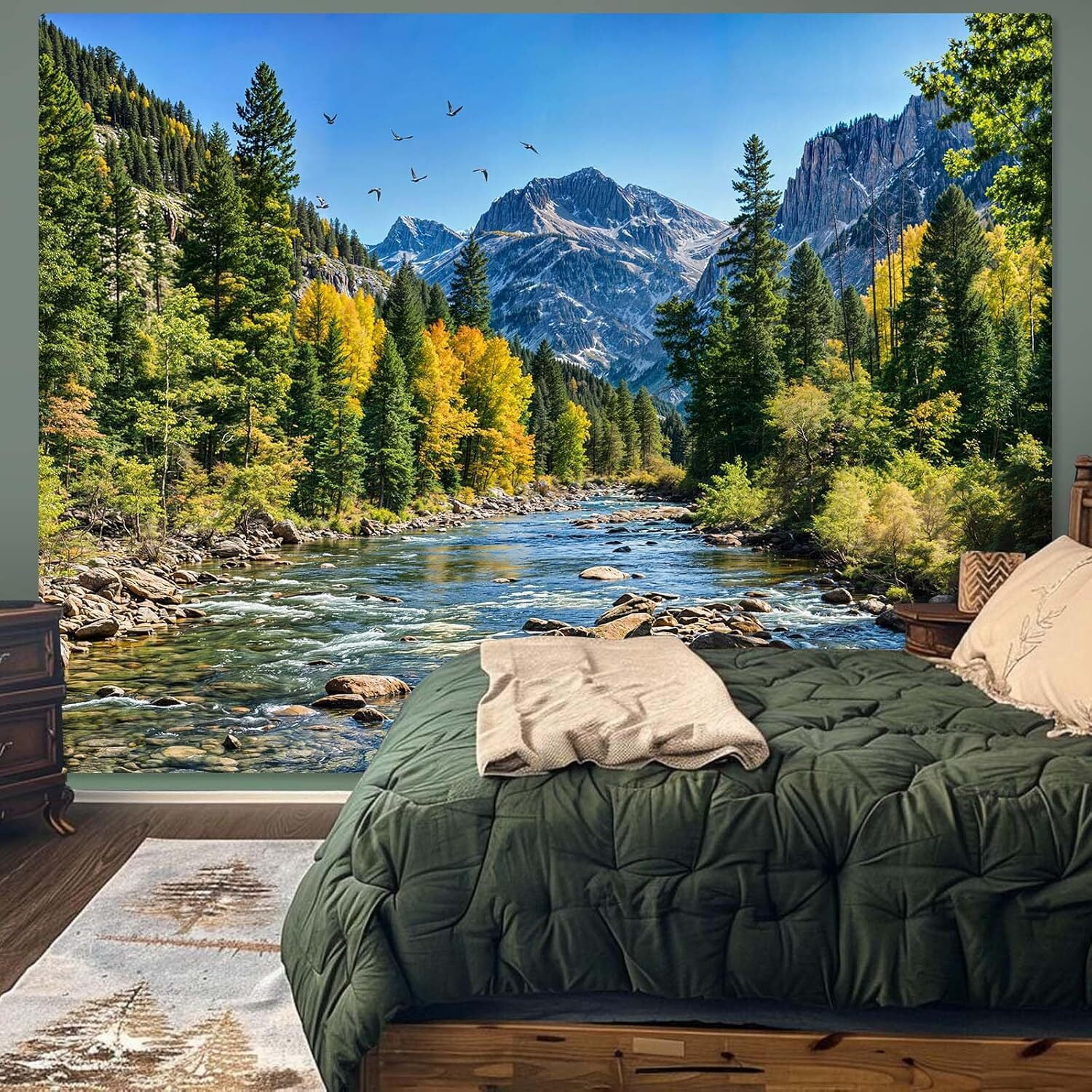 Nature Forest Mountain Tapestry Green Pine Tree Tapestry for Bedroom Aesthetic Flowing River Landscape Tapestries Wall Hanging Bird Decor for Living Room Classroom Dorm Office 60X40IN