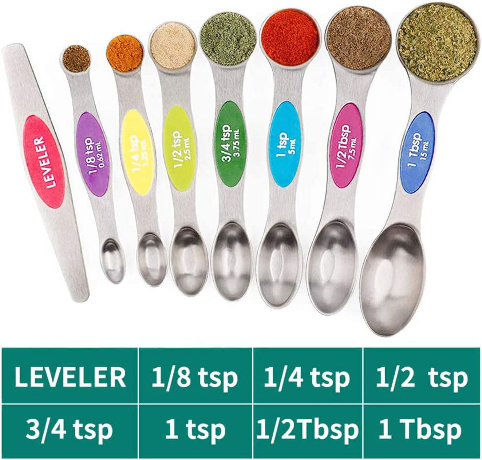 measuring spoons set,of 8-piece stainless steel magnetic gold-colored,  double-sided, with, kitchen utensils for measuring and weighing dry and  liquid