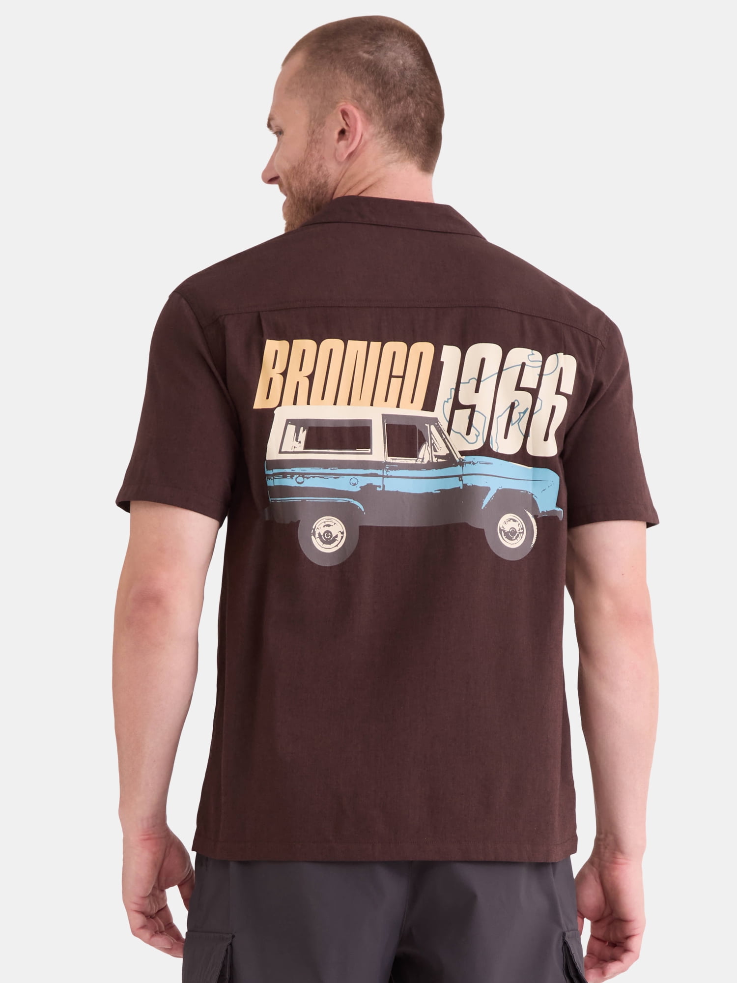 Ford Bronco Men's and Big Men's Front and Back Graphic Button Up Workwear Style Mechanics Shirt with Short Sleeves, Sizes S-3XL