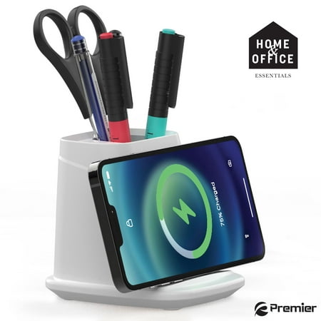 Premier Qi Phone Docking Charging Stand with Dual USB & Pencil Holder (for Phones like Apple or Android)