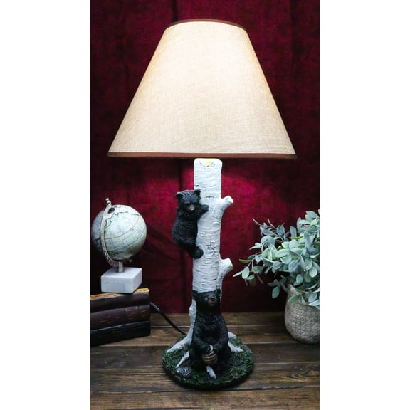 Climbing Black Bear Cub On Birchwood Tree With Mother And Beehive Table Lamp