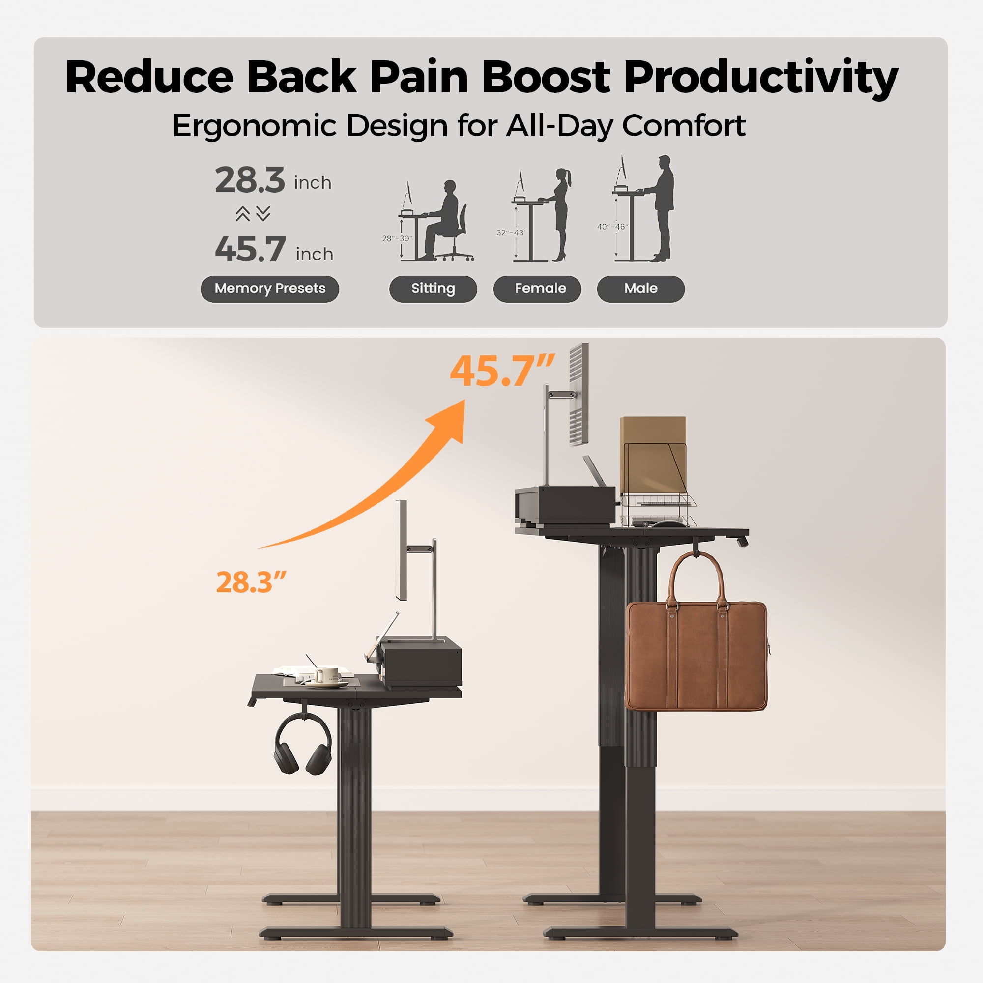 55.1 Inch Electric Standing Desk with Double Drawers & Stand up Desk with Storage Shelf, Height Adjustable Ergonomic Home Office Desk with Hooks, Computer Workstation for Home and Office, Black