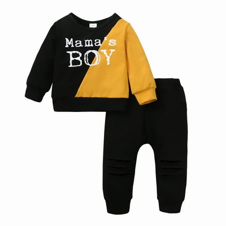 

2t Toddler Boys Clothes 18-24M Outfits Baby Boys MAMA S BOY Colorblock Long Sleeve Top Ripped Pants Set Size 2-6T