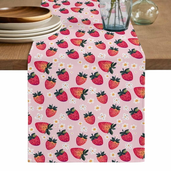 Strawberry Table Runner, Pink Spring Summer Rustic Floral Fruit Washable Cotton Linen Table Runners 36 Inches Long, Dresser Scarf Runner for Nightstand/End Tables/Round Tables 13''x36''