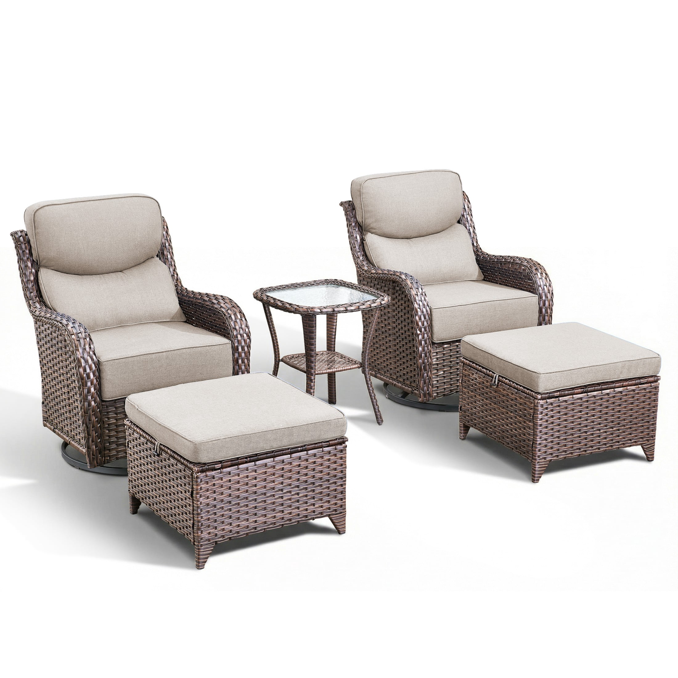 Unnifurnzi 5 Pieces Wicker Outdoor Furniture-Patio Swivel Chairs Set of 2 with Outdoor Ottoman Patio Conversation Sets for Deck Porch Poolside Balcony-Brown/Beige