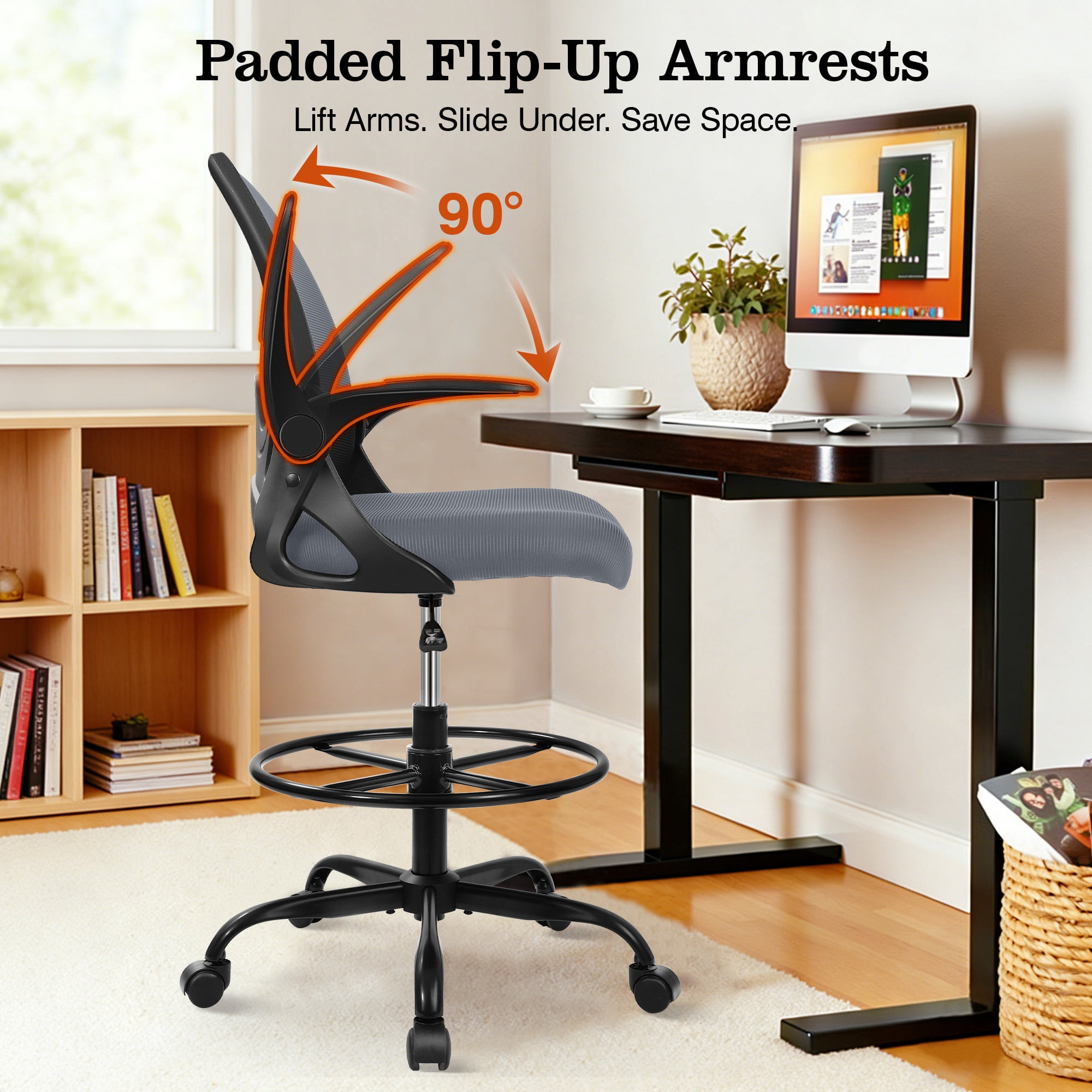 COOLHUT Tall Office Chair 400lbs with Footrest Ring, Standing Desk Chair with Flip-up Armrests, Adjustable Swivel Rolling Mesh Standing Desk Stool with Lumbar Support for Adults, Dark Gray