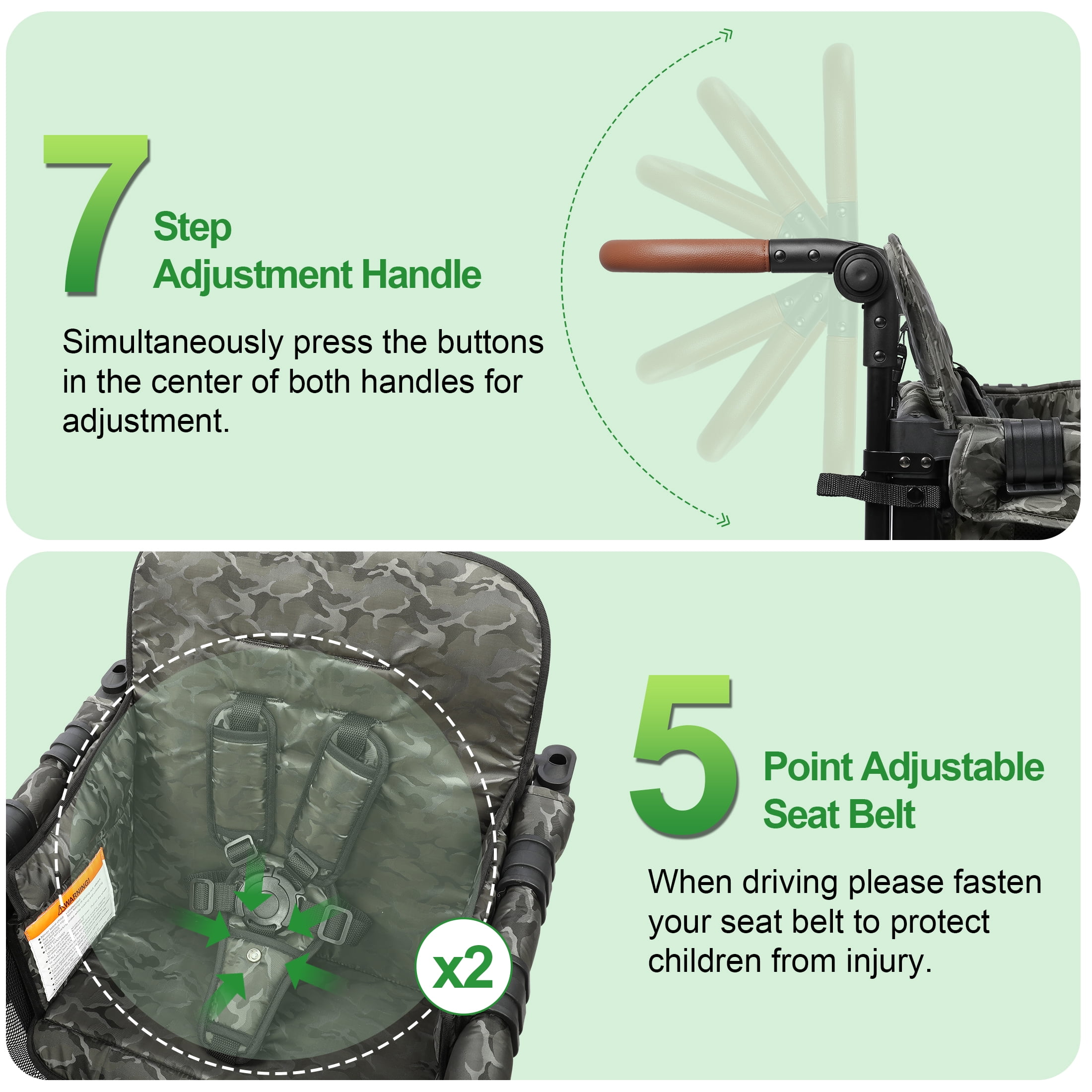 Vomeast Wagon Stroller for 2 Kids, 3-in-1 Stroller Wagon with Canopy, 5-Point Harness, Adjustable Handlebars, Removable Seat for Toddlers, Camo Green
