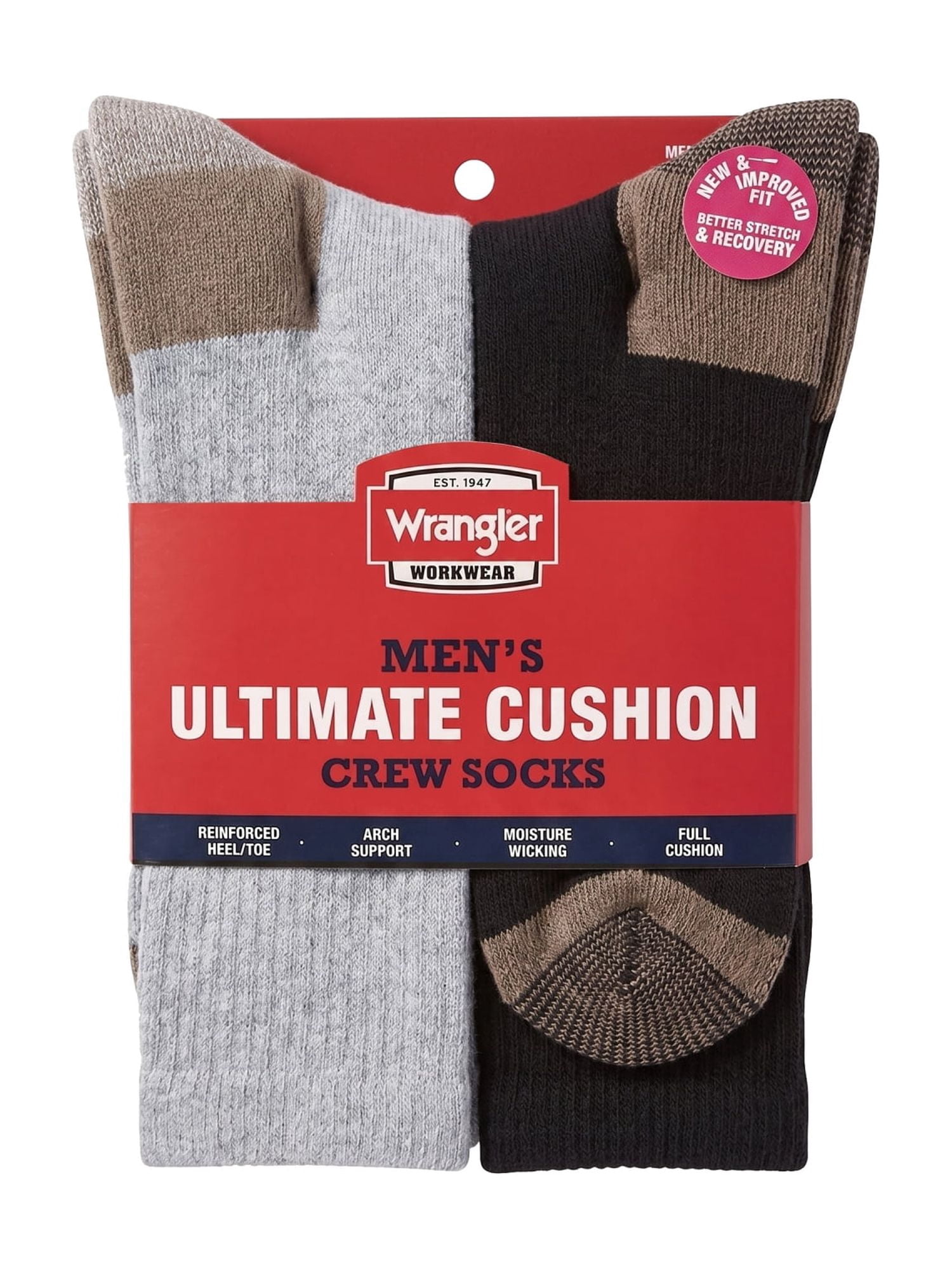 Wrangler Men's Ultimate Comfort Crew Socks, Work Socks for Men, Grey/Black, 6 Pack