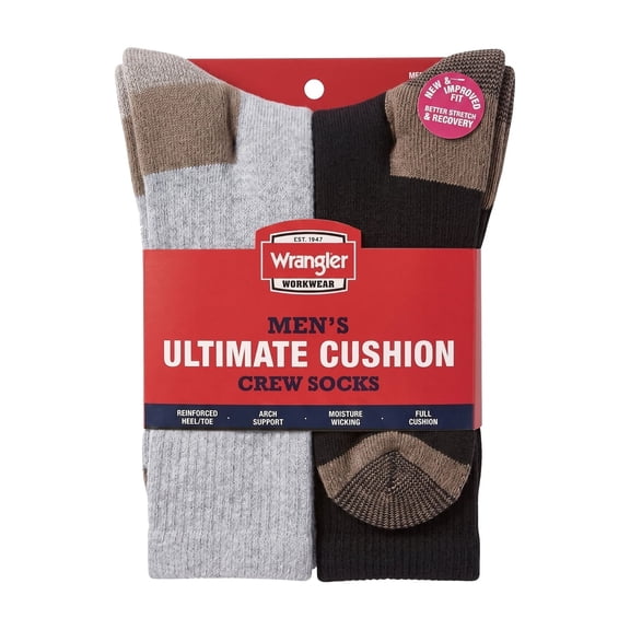 Wrangler Men's Ultimate Comfort Crew Socks, Work Socks for Men, Grey/Black, 6 Pack