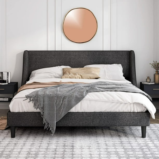 Einfach King Size Platform Bed Frame With Wingback Headboard Dark Grey Com Einfach King Size Platform Bed Frame, King Size Tufted Wingback Bed