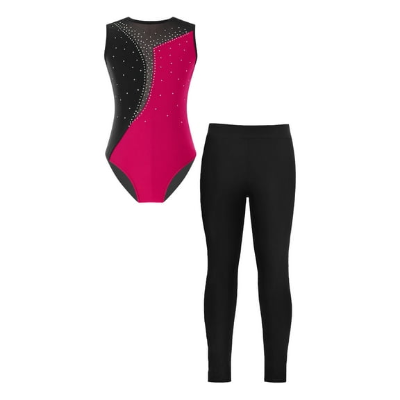 TiaoBug Kids Girls Rhinestones Sleeveless Gymnastics Dance Leotard Bodysuit And Leggings Pants Athletic Dancewear Hot Pink&Black 12