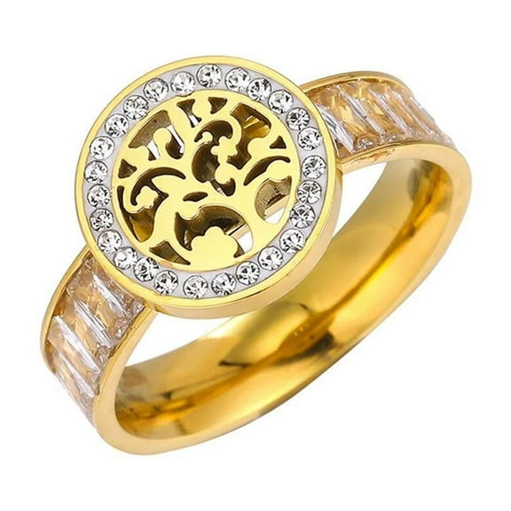 PAMTIER Stainless Steel Cubic Zirconia High Polished Hollow Round Tree of Life Ring for Women Gold Size 8