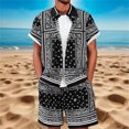 thumbnail image 2 of OOOUM Men All Over Print Outfits Lapel Short Sleeve Button Shirt Drawstring Elastic Waist Shorts Summer Beach Vacation Casual Outfit Black S, 2 of 3