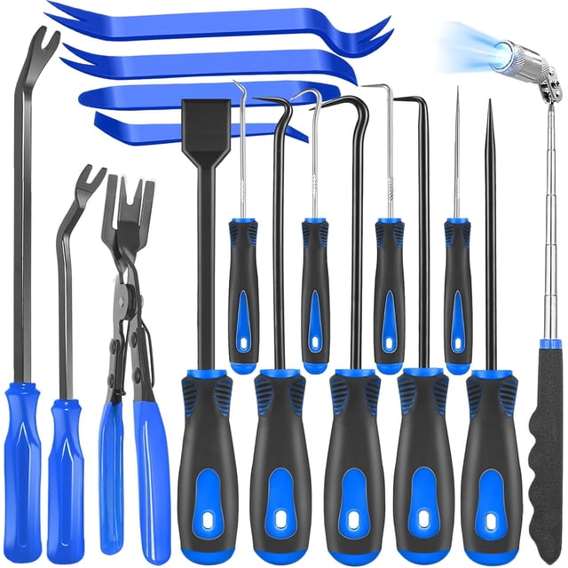 Mechanic Hook and Pick Tool Set & Car Trim Removal Kit with Fastener Clip Pliers Rivet Puller Magnetic Pickup Gasket Scraper NonScratch Plastic Pry Tools for Automotive Repair