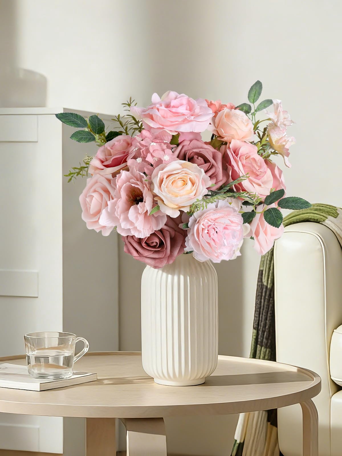 Artificial Flowers Combo Set Fake Flower Leaf Box with Stems for DIY Wedding Bouquets Centerpieces Flower Arrangements Decorations Baby Shower Party Home Decorations Champagne Purple