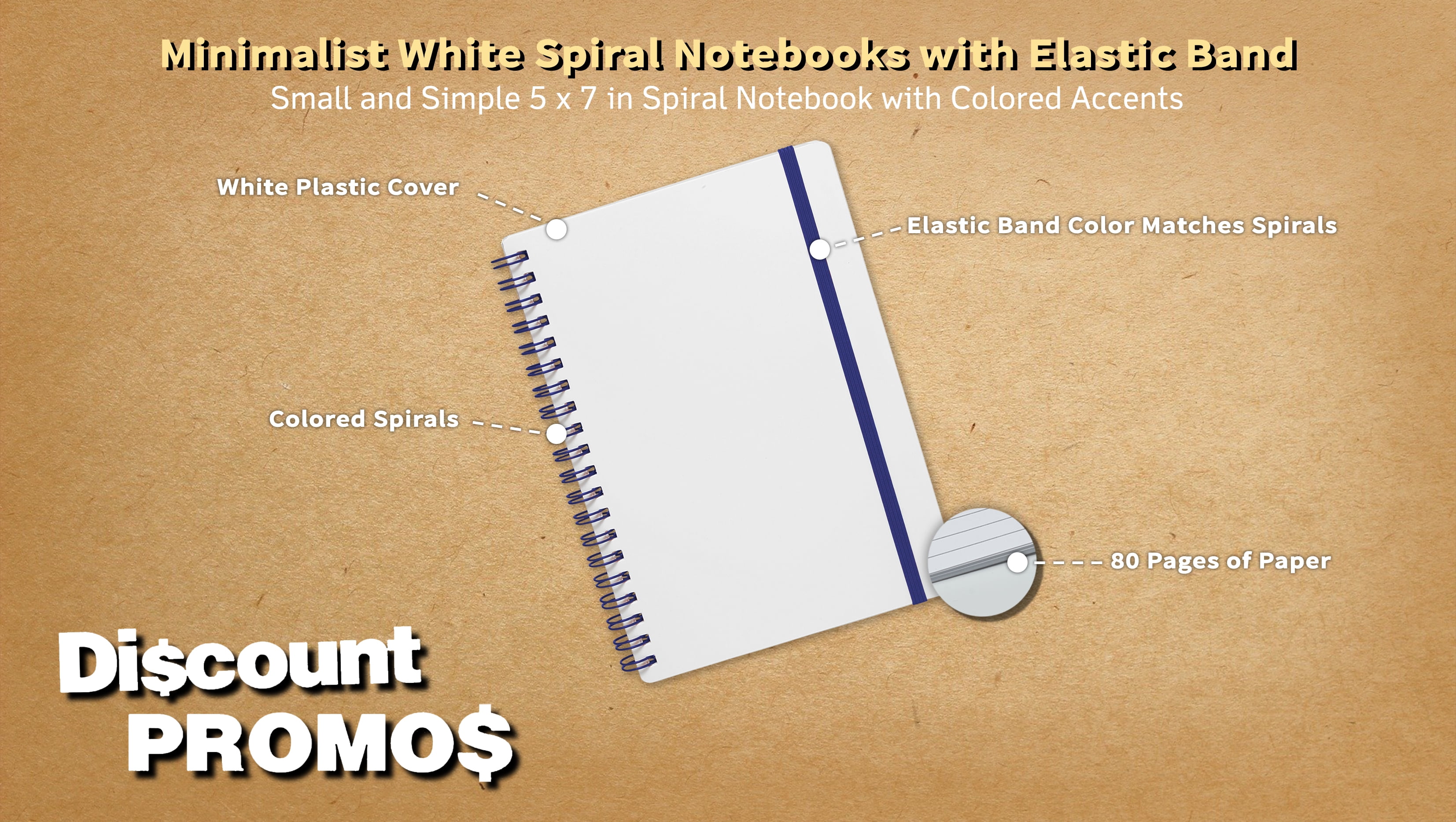10 White Spiral Notebooks with Elastic Band Pack - 80 lined pages, Recycled - Blue
