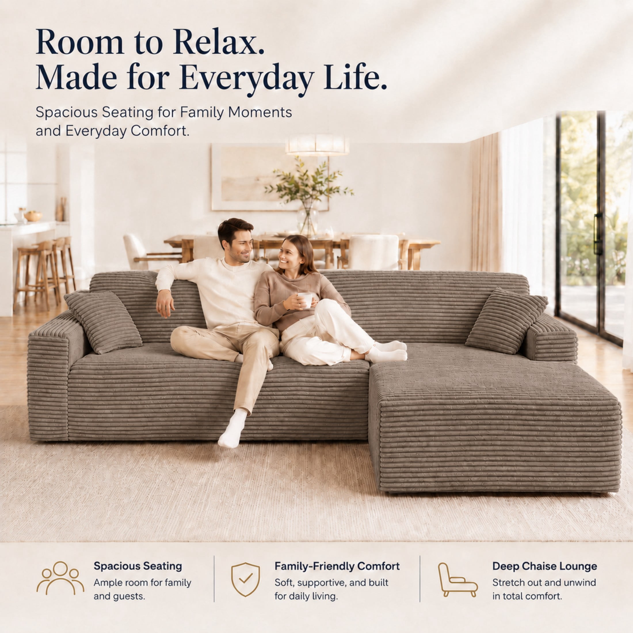 Aenkyo 106 Inch Corduroy L-Shaped Cloud Sectional Sofa with Reversible Chaise, Camel