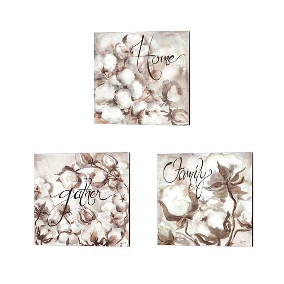 Metaverse Tre Sorelle Studios 'Cotton Boll Triptych Sentiment (Home)' Canvas Art (Set of 3)