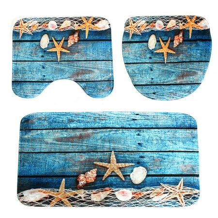 Wood Bathroom Set 3Pcs/Set Blue Wood Starfish Thermal Transfer Printed Bathroom Mat Set Include Pedestal Rug ,Lid Toilet Cover ,Anti-Skid Bath Mat ,for Bathroom Home Decor Christmas Gift ()