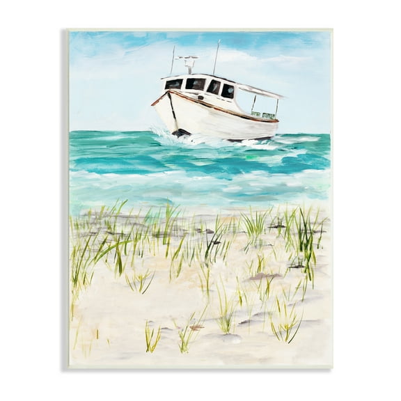 Stupell Industries Nautical Boat by Coast Grassy Beach Landscape Nature Painting Unframed Art Print Wall Art, 10 x 15