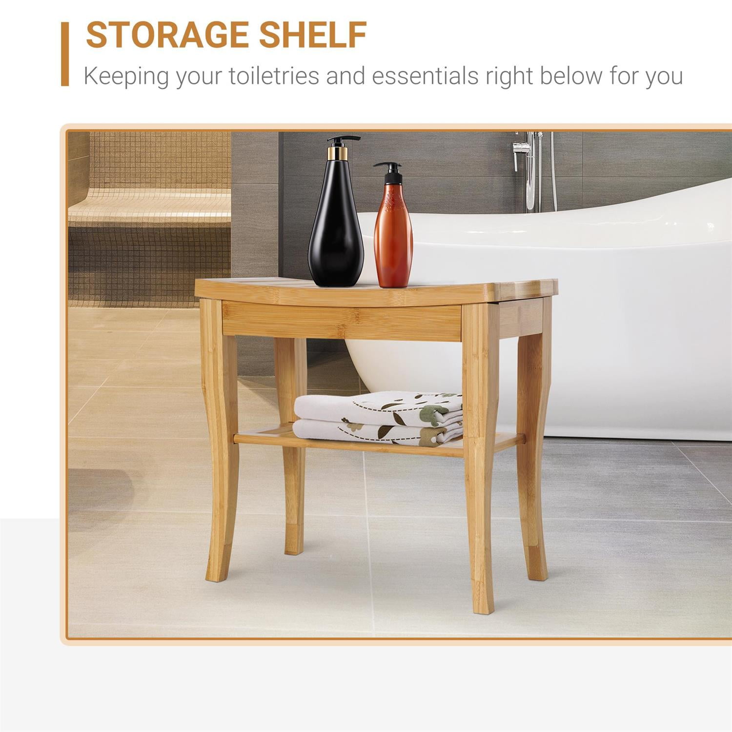 Demi Bonn 20" Bamboo Shower Bench with Storage, Long Seat for Spa Showers, Shoe Stool, Comfortable Stool for Bathing Area, Beige