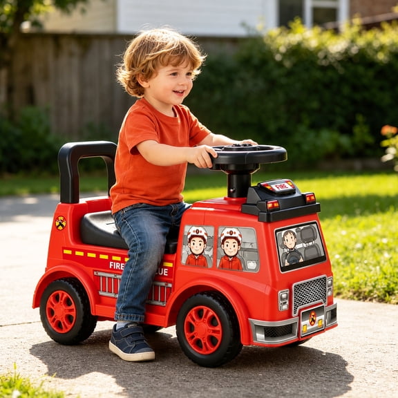 Allobebe Fire Rescue Truck Foot-to-Floor Ride-On Push Car for Toddlers 18-36 Months, Music Steering Wheel, Horn & Under-Seat Storage, Kids Ride-On Toy, Red
