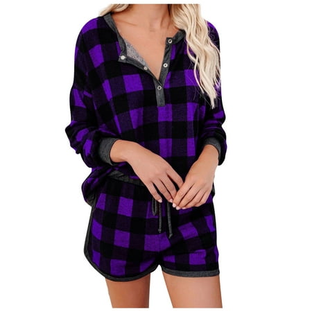 

Clearance On Sale! Juebong Womens Plaid Pocket Long Sleeve Pajama Set Night Lounge Top Short Sleepwear Purple XL